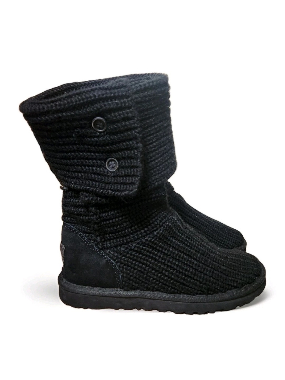 UGG Classic Cardy Black Knit Boots 6 Sheepskin Mid-Calf Buttons Round Toe Cozy